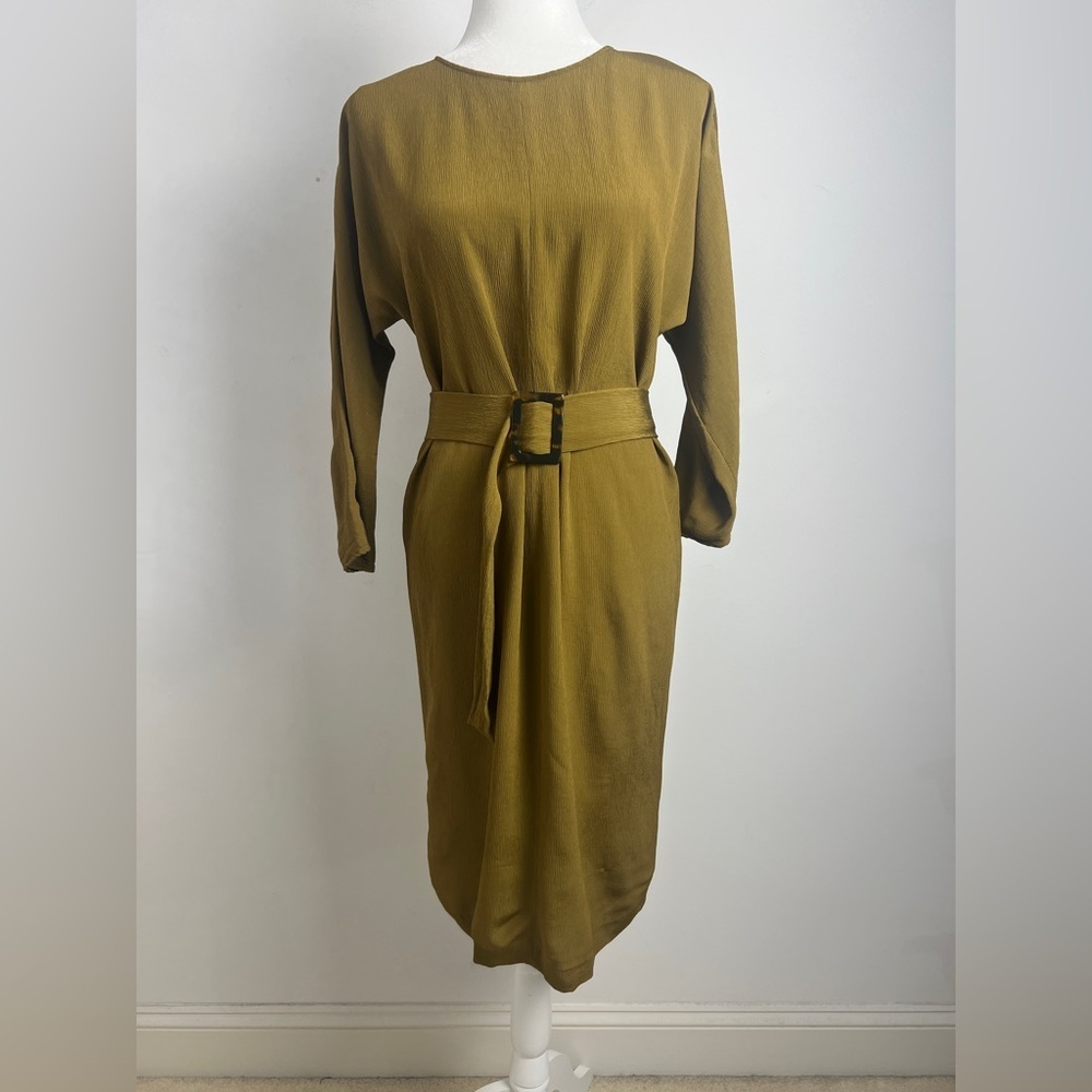 Massimo Dutti Size 4 Olive Green Chic Minimalist Textured Knee‎ Length Dress